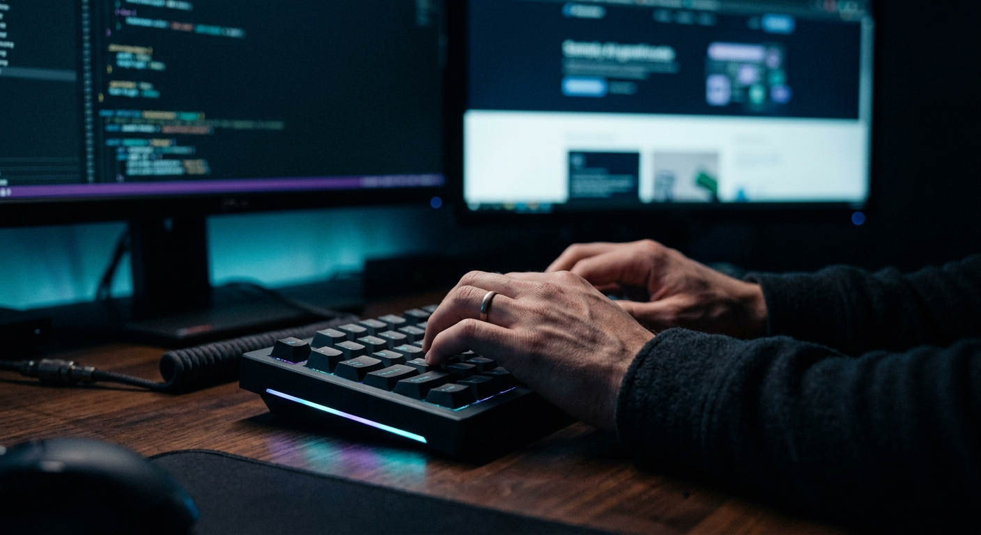 Hands typing on a mechanical keyboard, code and a website mockup glowing on the monitors behind